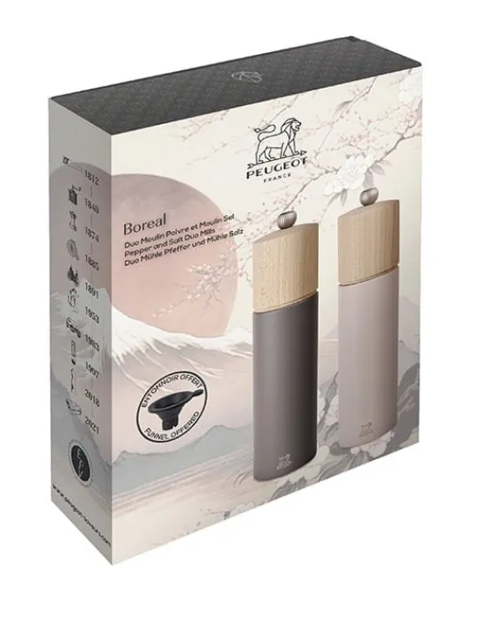 Peugeot Saveurs Duo boreal Coffret cadeau - duo de moulins à poivre et à sel boreal 21 cm et son entonnoir en silicone -> Coffrets Cadeaux | Envie De Couleurs