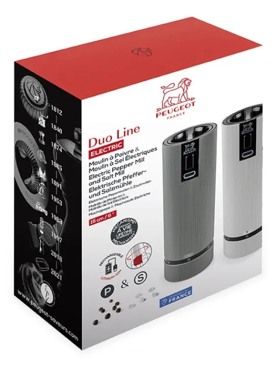 Peugeot Saveurs Line electrique Coffret cadeau - duo de moulins à poivre et à sel électriques rechargeables, u'select, carbone et aluminium, 15 cm - 6in. -> Coffrets Cadeaux | Envie De Design