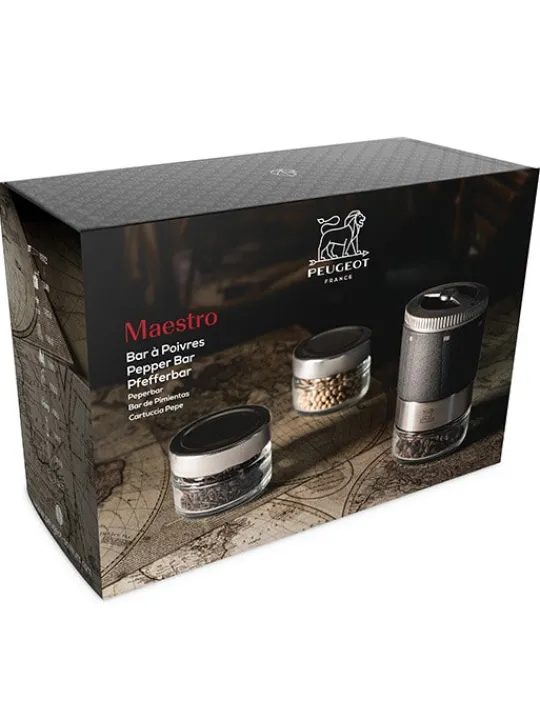 Peugeot Saveurs Maestro Bar à poivres - moulin à poivre u'select accompagné de 3 grands crus de poivres, de 3 réservoirs interchangeables. -> Idées Cadeaux -100€ | Coffrets Cadeaux