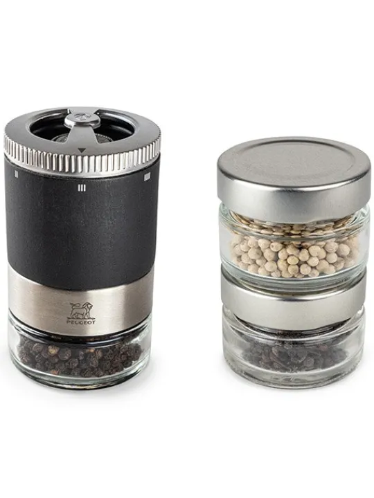 Peugeot Saveurs Maestro Bar à poivres - moulin à poivre u'select accompagné de 3 grands crus de poivres, de 3 réservoirs interchangeables. -> Idées Cadeaux -100€ | Coffrets Cadeaux