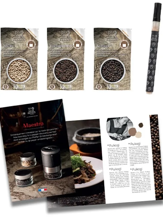 Peugeot Saveurs Maestro Bar à poivres - moulin à poivre u'select accompagné de 3 grands crus de poivres, de 3 réservoirs interchangeables, noir -> Idées Cadeaux -100€ | Coffrets Cadeaux