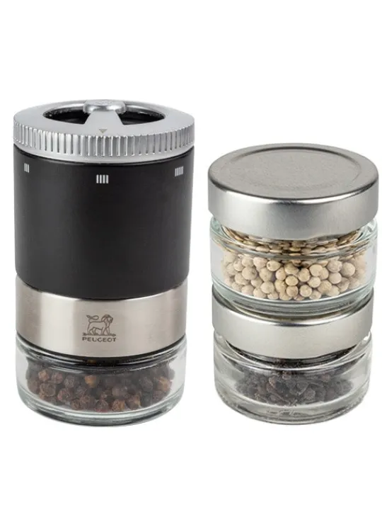 Peugeot Saveurs Maestro Bar à poivres - moulin à poivre u'select accompagné de 3 grands crus de poivres, de 3 réservoirs interchangeables, noir -> Idées Cadeaux -100€ | Coffrets Cadeaux
