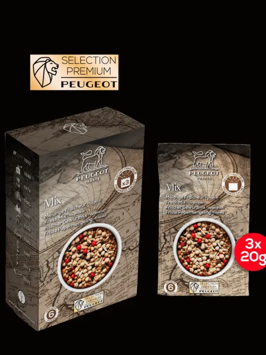 Peugeot Saveurs Pack poivres premium Sélection exclusive de 4 poivres et mélanges premium - 4 boites de 60g -> Epices Du Monde
